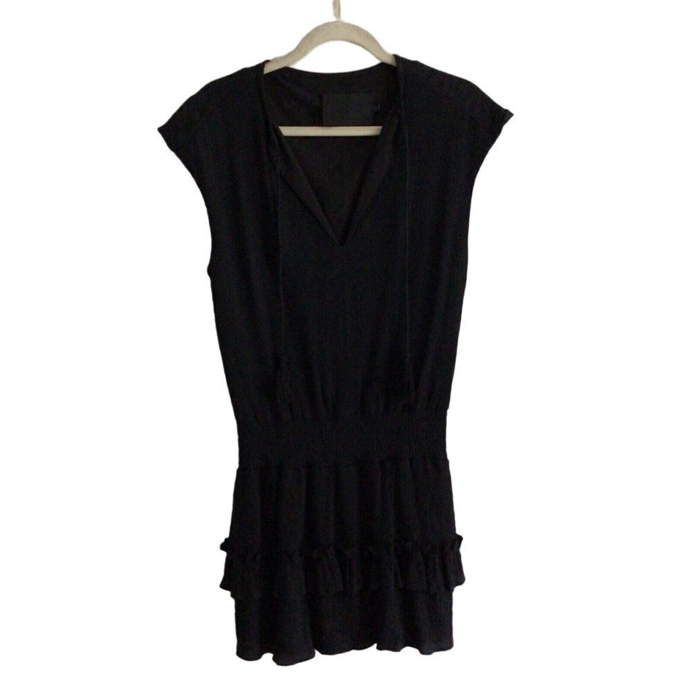 Vacate The Label Women Sz S Black Boho Smocked Waist Tiered Tasseled Mini Dress